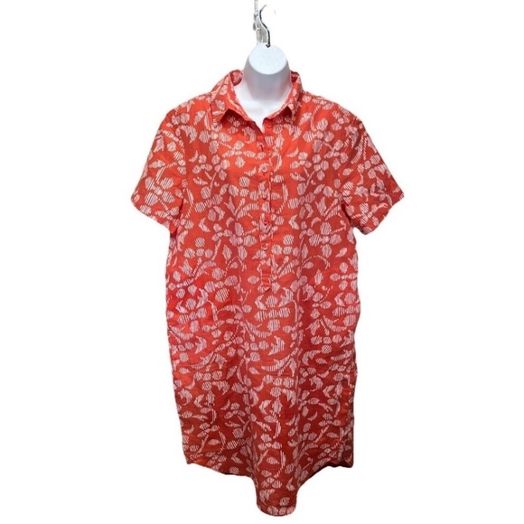 Soul Linen Shirt Dress L Coral Print Pockets Round Hem Size Large Summer Travel - Picture 1 of 13